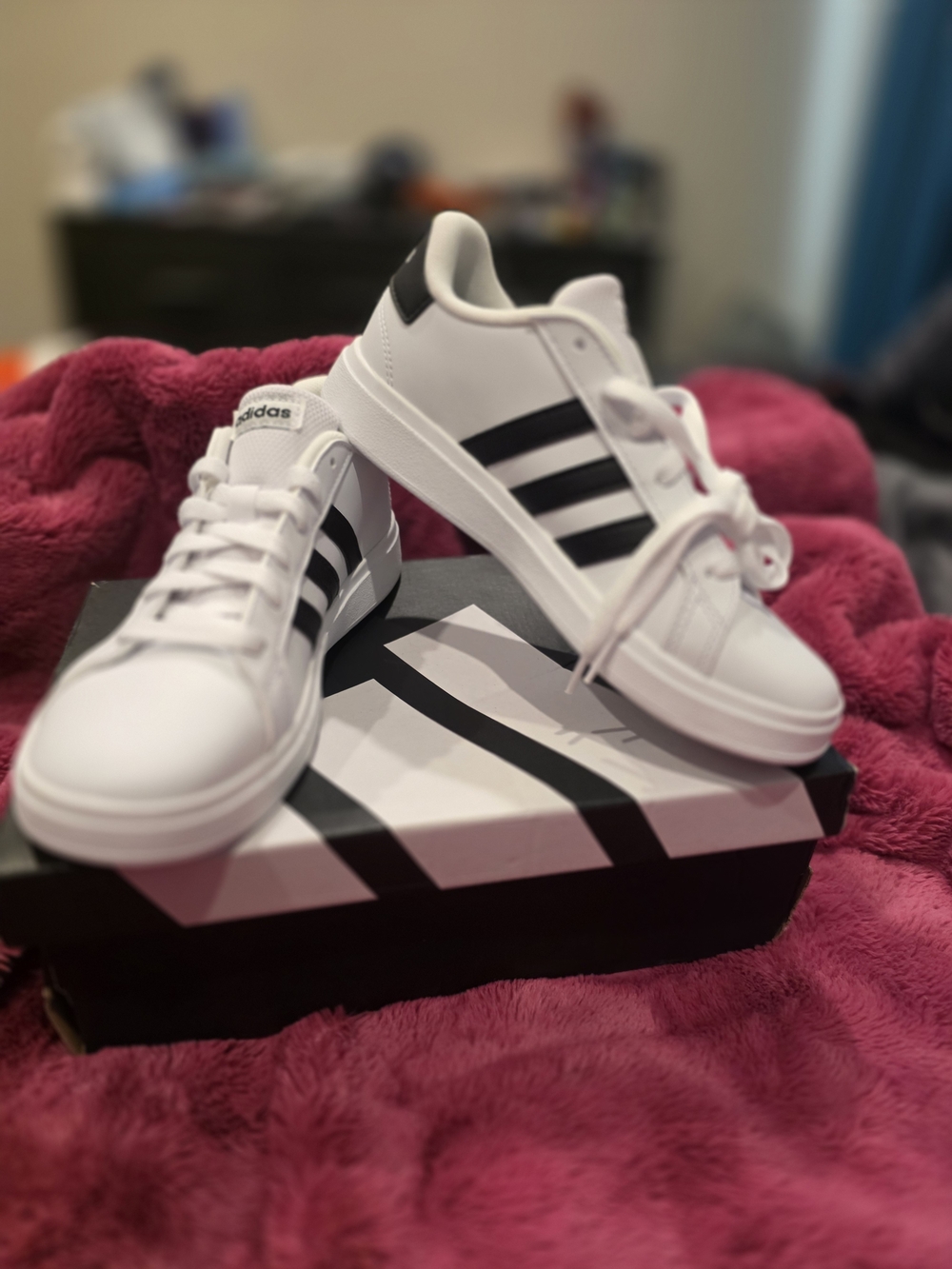 Adidas Grand Court 2.0 Kids White Sneakers with Black Stripes